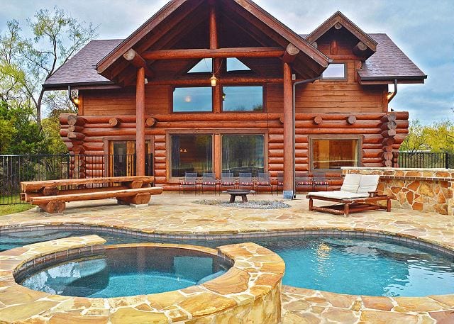 Belle Oaks - cabin exterior, outdoor pool and hot tub.