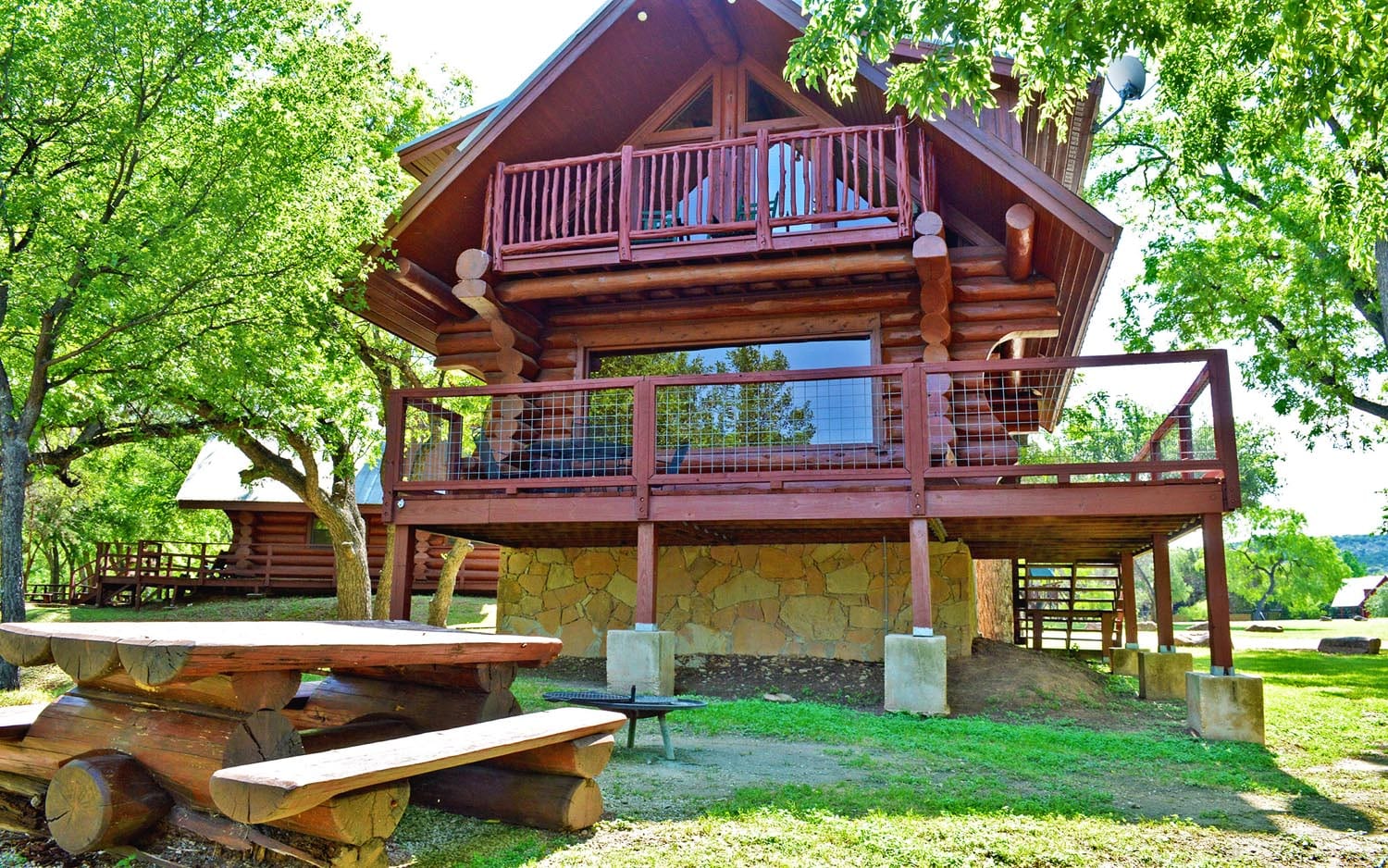 cabin exterior, log picnic table